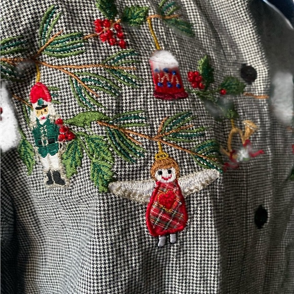 Women’s Black & White Check Christmas Holiday Embroidery Cotton Button Down M - Picture 8 of 12